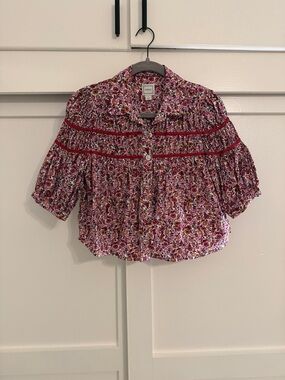 Anthropologie Maeve Pink Floral Smocked Button-Up Blouse